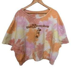 Walt Disney World Minnie Embroidery Colorful Tie-Dye Cropped Oversized Sweater
